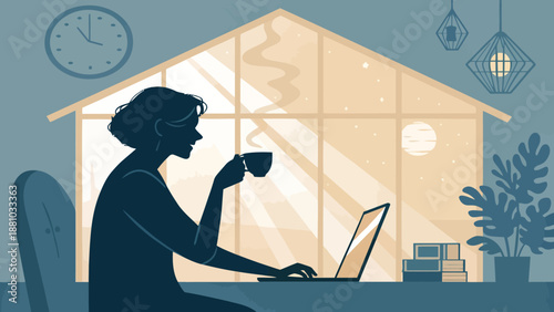 Woman working remotely in cozy home office at night with laptop