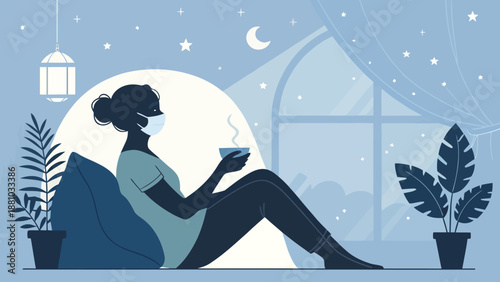 Woman in face mask relaxing with a cup of tea at night