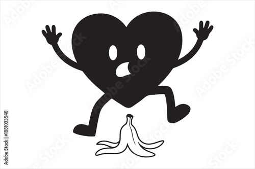 Heart character slipping on banana peel Vector