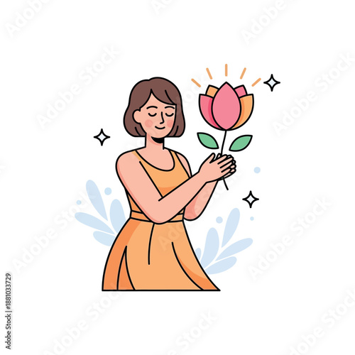 Woman happily holding a large pink flower with green leaves and smiling