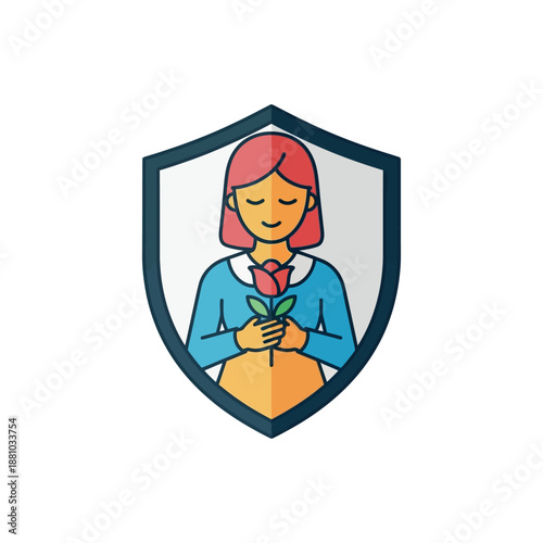 An illustration of a girl holding a rose in a shield shaped graphic design element.