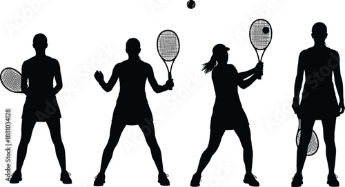 Diverse silhouettes of female tennis players in action poses holding rackets and hitting balls representing women sports fitness and competition