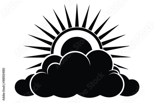 Black and White Sun and Cloud Silhouette, Vector Symbol of Light, Warmth, and Emerging Happiness
