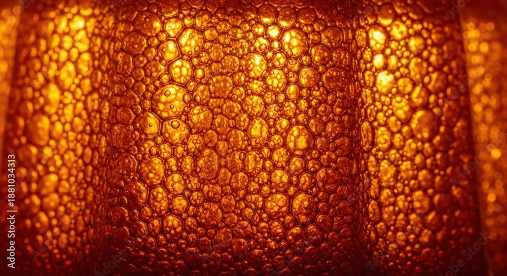Naklejka premium Macro Texture Close-Up of Dark Golden Liquid with Bubbles and Cells Forming Pattern