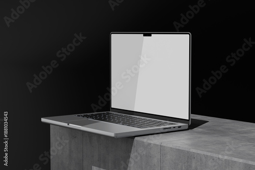 Minimal Laptop Mockup on Concrete Pedestal with Dark Background, Modern Technology Display