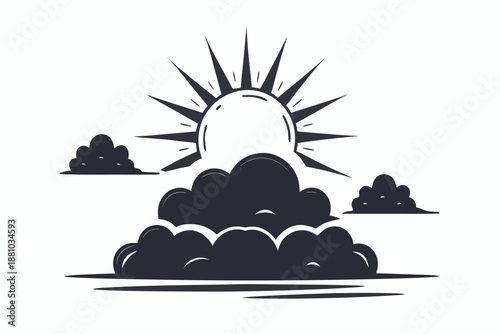 Minimalist Black and White Sunburst Behind a Cloud, Weather Icon Representing a Silver Lining