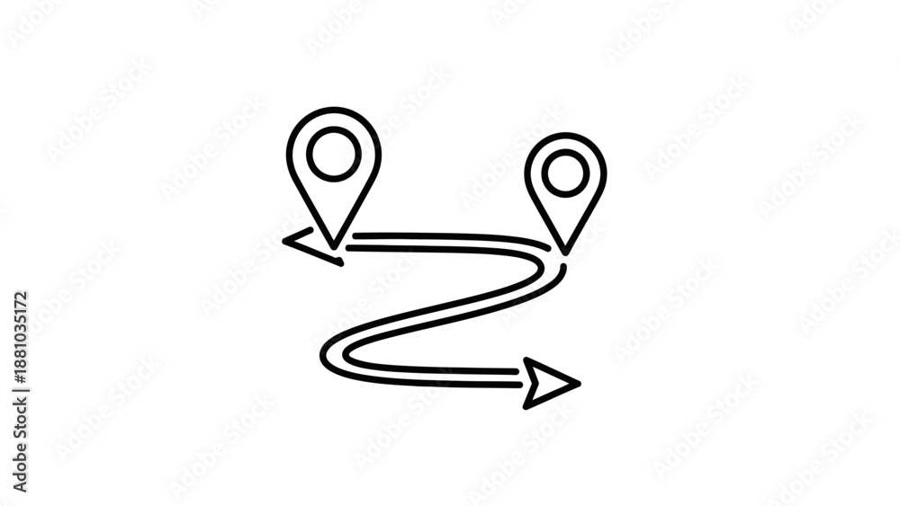 Obraz premium Black and white line icon illustrating a complex winding route between two distinct map location pins with directional arrows.