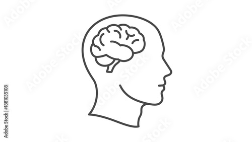 Simple black and white line art icon illustrating the human head profile with a visible, detailed cerebrum structure inside.