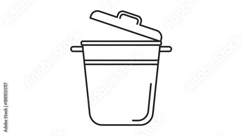 Minimalist black and white line art icon representing a trash can or waste bin with its lid slightly ajar.