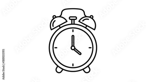 Simple black and white line art icon representing a classic twin bell alarm clock signaling the time for waking up.