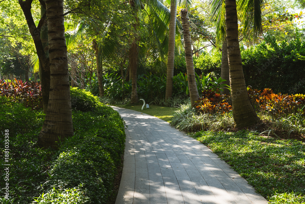 Obraz premium Green tropical landscaped garden with palm trees and flowers on a sunny summer day