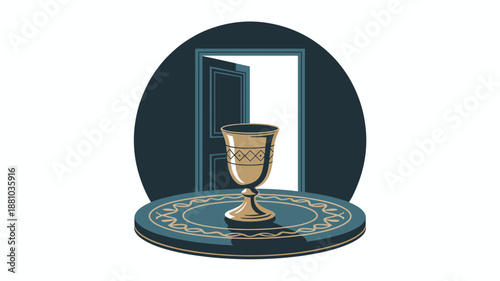 A vector graphic illustration of a golden goblet on a decorative plate in front of an open doorway