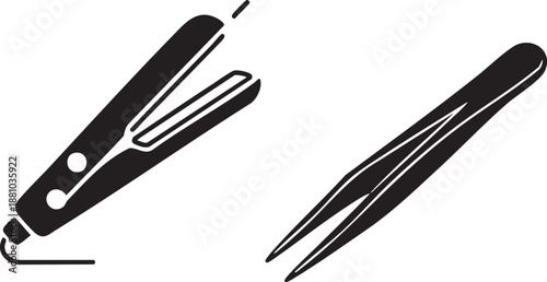 Black Silhouette Hair Straightener and Tweezers Icon Set – Beauty Tools Vector Illustrations on White Background