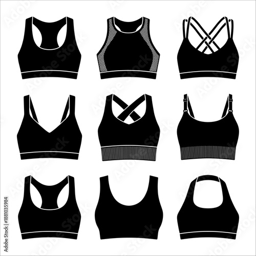Collection of Women's Sports Bra Icons for Women Featuring Various Racerback and Strappy Activewear Designs for Fitness Apparel

