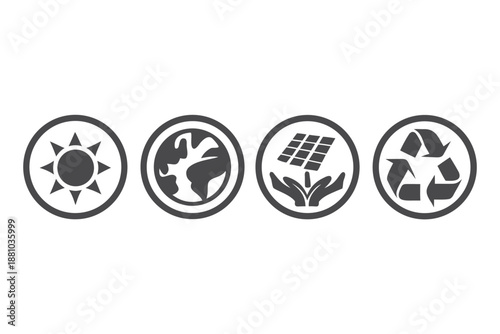 Collection of icons featuring solar panels and recycling for eco-friendly energy solutions