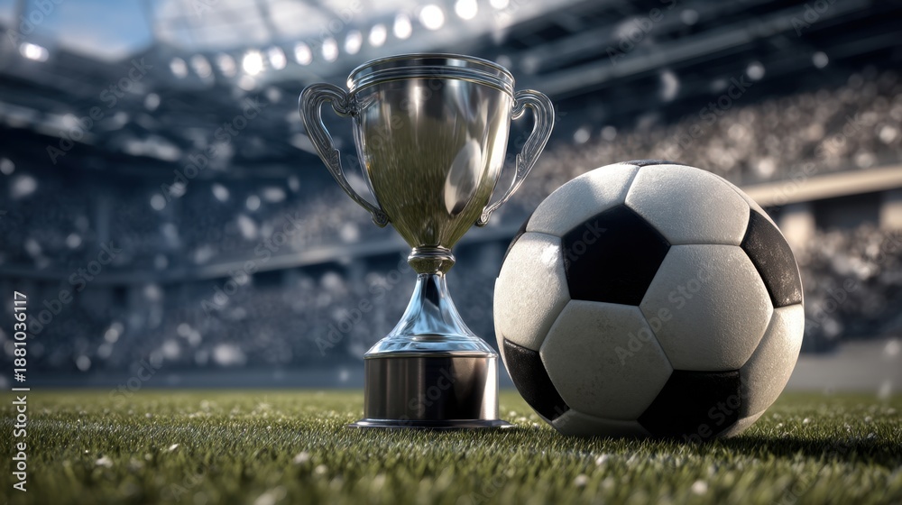 Fototapeta premium Soccer trophy and ball on field: championship victory in stadium.