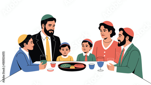 A vector illustration of a Jewish family gathered around a table for a meal