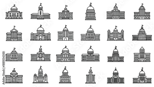 Collection of detailed black and white illustrations of various capitol buildings