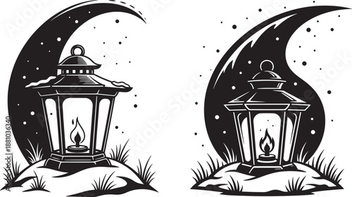 Serene Winter Night Illustration Featuring a Traditional Candle Lantern on a Snowy Hill Under a Crescent Moon and Starry Sky