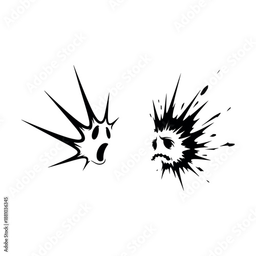 Black and white ink splatter human face expressing shock and revulsion emotion vector illustration isolated on white background