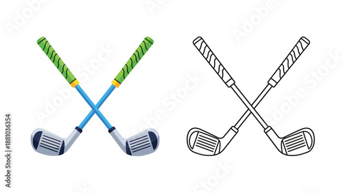 Two crossed golf clubs depicted in color and outline styles