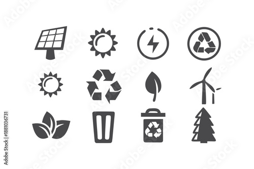 Vector Line Icons for Solar Panels, Recycling, and Green Sustainability Concepts
