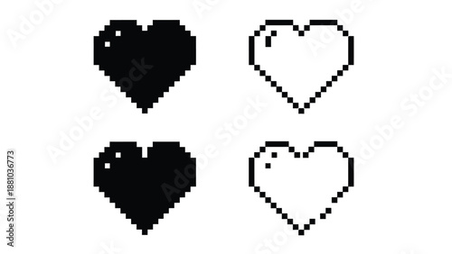 Free Download Four pixelated hearts solid black and outlined designs on a white background - GFXLoad