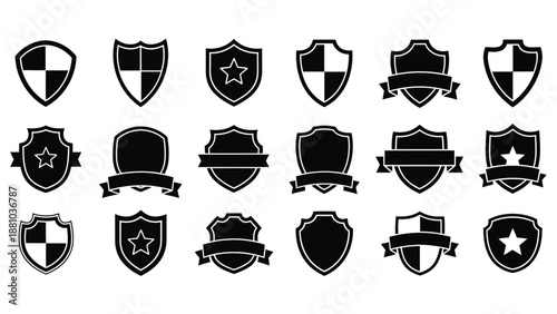 Collection of various black shield icons with different designs and emblems