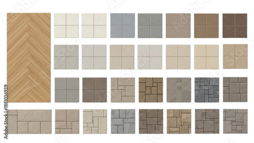 Flat Vector Top View Architectural Flooring Texture Set Featuring Herringbone Wood and Stone Patterns