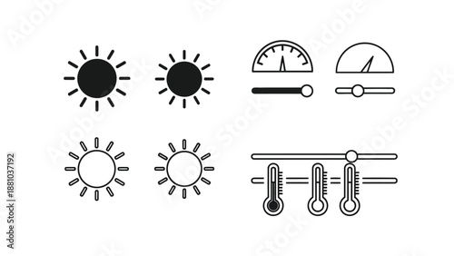 Weather and temperature control icons with sun and gauge symbols