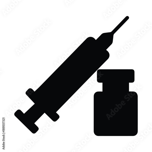 Medical syringe and vaccine vial bottle silhouette icon for immunization and healthcare.