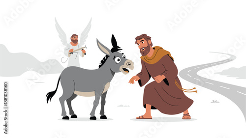 A biblical scene of a man and a donkey encountering an angel on a desert road