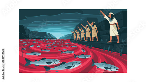 A biblical illustration of Moses parting the red sea with a group of people and fish in the water