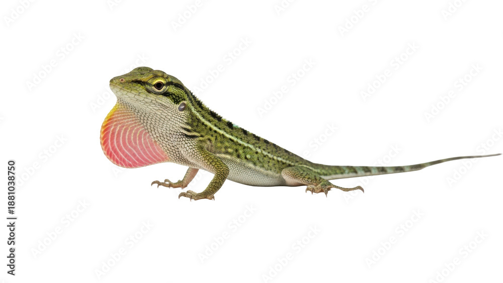 Fototapeta premium A green lizard with a pink throat patch is standing on a transparent background