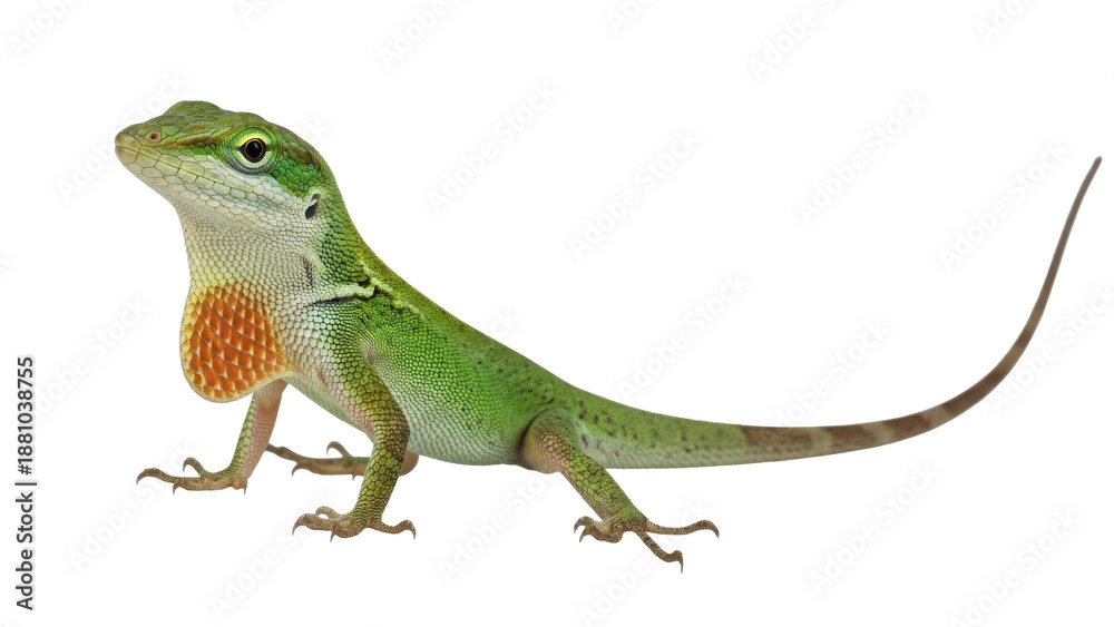 Naklejka premium A vibrant green lizard standing on a transparent background with its throat fan extended