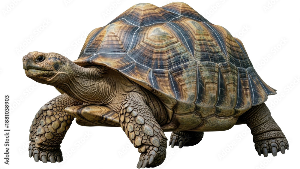 Obraz premium A large tortoise walking on a black background with a focus on its shell and legs, on transparent background