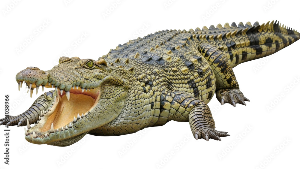 Fototapeta premium A large crocodile with its mouth open on transparent background