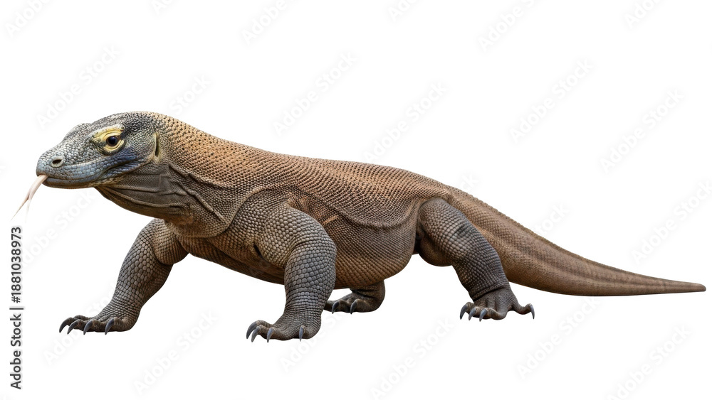 Fototapeta premium A large Komodo dragon standing on a transparent background with its tongue out