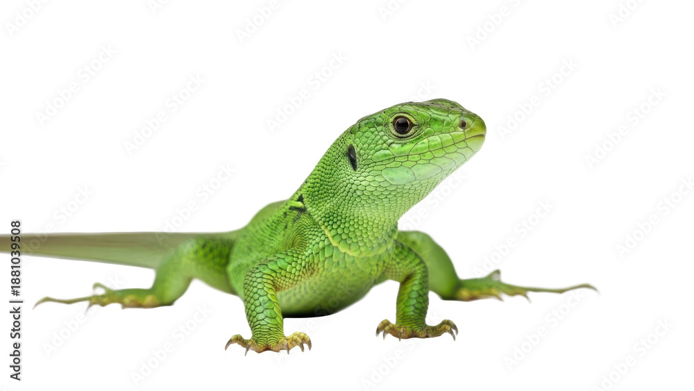 Obraz premium A vibrant green lizard standing on a transparent background, showcasing its scaly skin and sharp claws