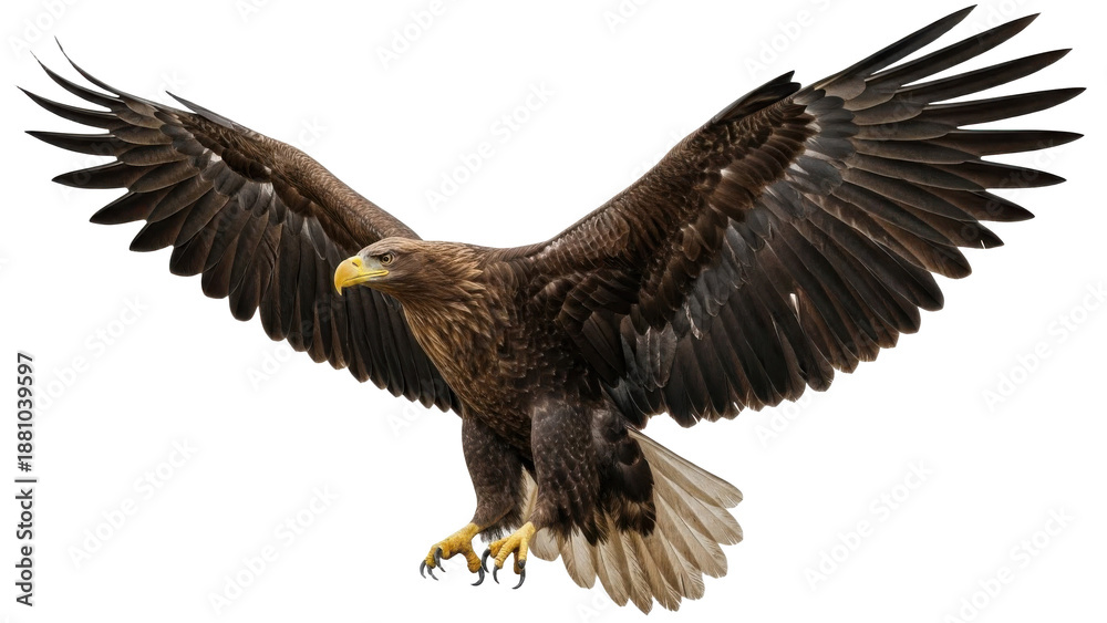 Fototapeta premium A brown eagle with outstretched wings flying in the air on transparent background