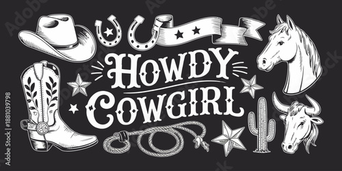 Howdy cowgirl western elements collection featuring hats boots stars and ranch style icons for posters branding stickers invitations apparel and creative graphic design projects