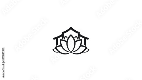 Lotus flower emerging from a house silhouette logo