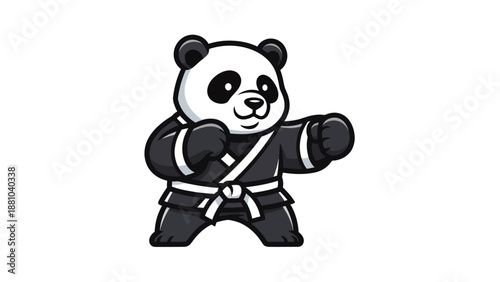 Cartoon panda in martial arts attire ready for action on a white background