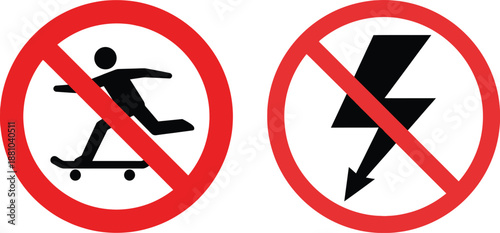 No skateboarding and no electricity warning signs