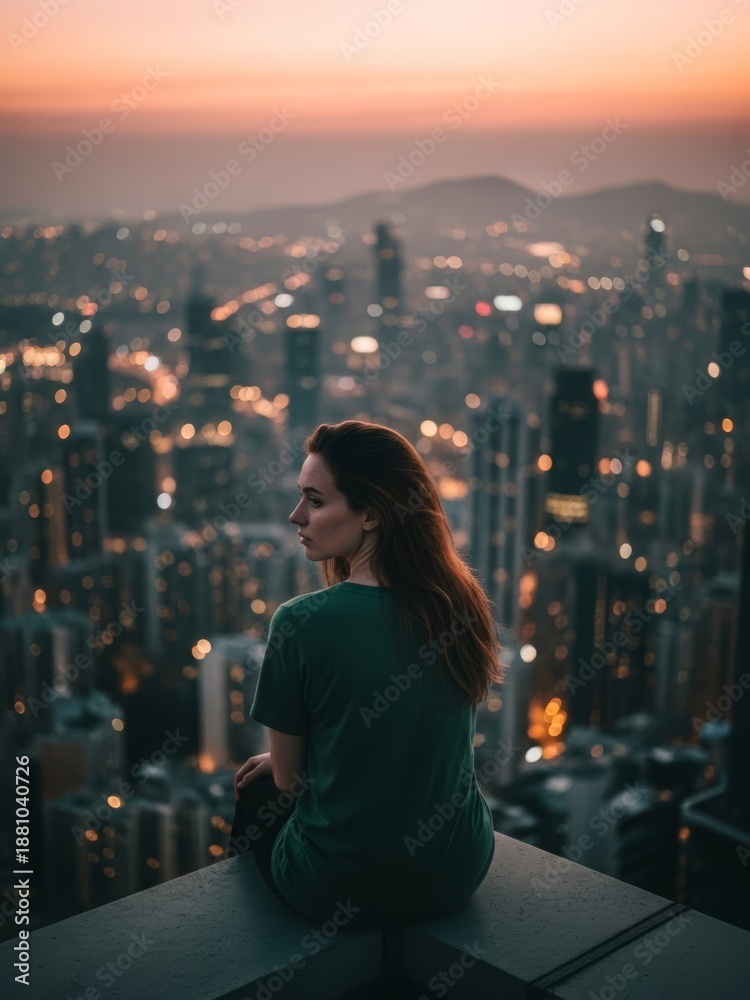 Fototapeta premium Young Woman Sitting on Rooftop at Dusk, City Lights Background, Evening Urban Portrait, Relaxed Posing, Scenic Outdoor Photography