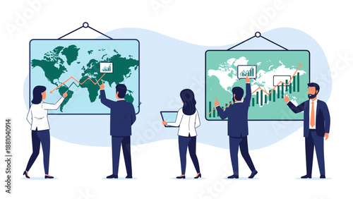 Business Team Analyzing Global Financial Data and World Map Charts