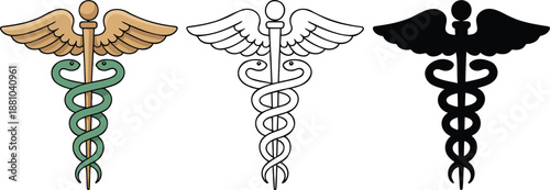 Caduceus silhouette & Outline and illustration set isolated on transparent background