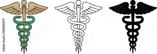 Caduceus silhouette & Outline and illustration set isolated on transparent background