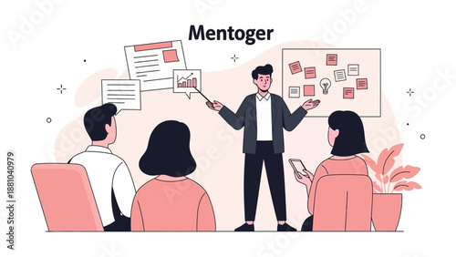 Business Mentor Explains Strategy to Team, Presentation with Charts and Ideas Board