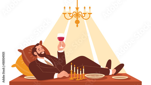 A cartoon man in a suit reclining on a table with a glass of wine and candles